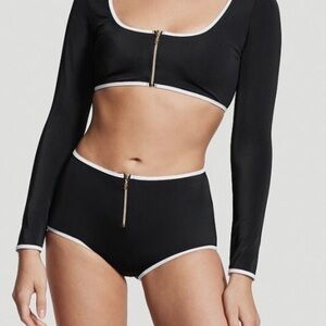 Victoria’s Secret Black Long Sleeve Bikini Top with White Trim Gold Accents